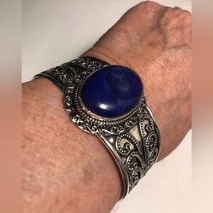 Lapis Lazuli Stamped 925 Sterling Silver Cuff Bracelet